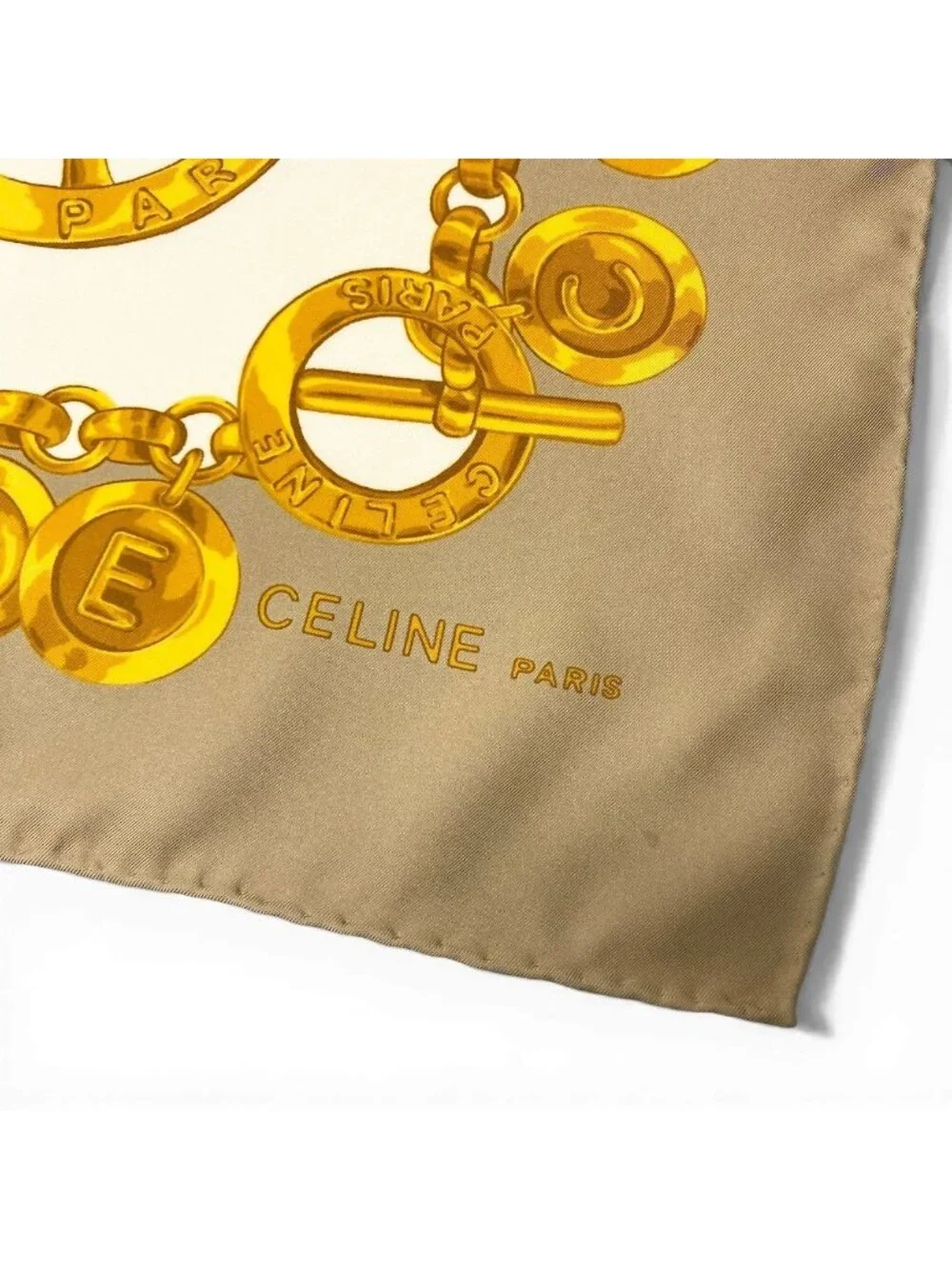 Celine Scarf Bandana Chain Coin Motif Beige White Silk